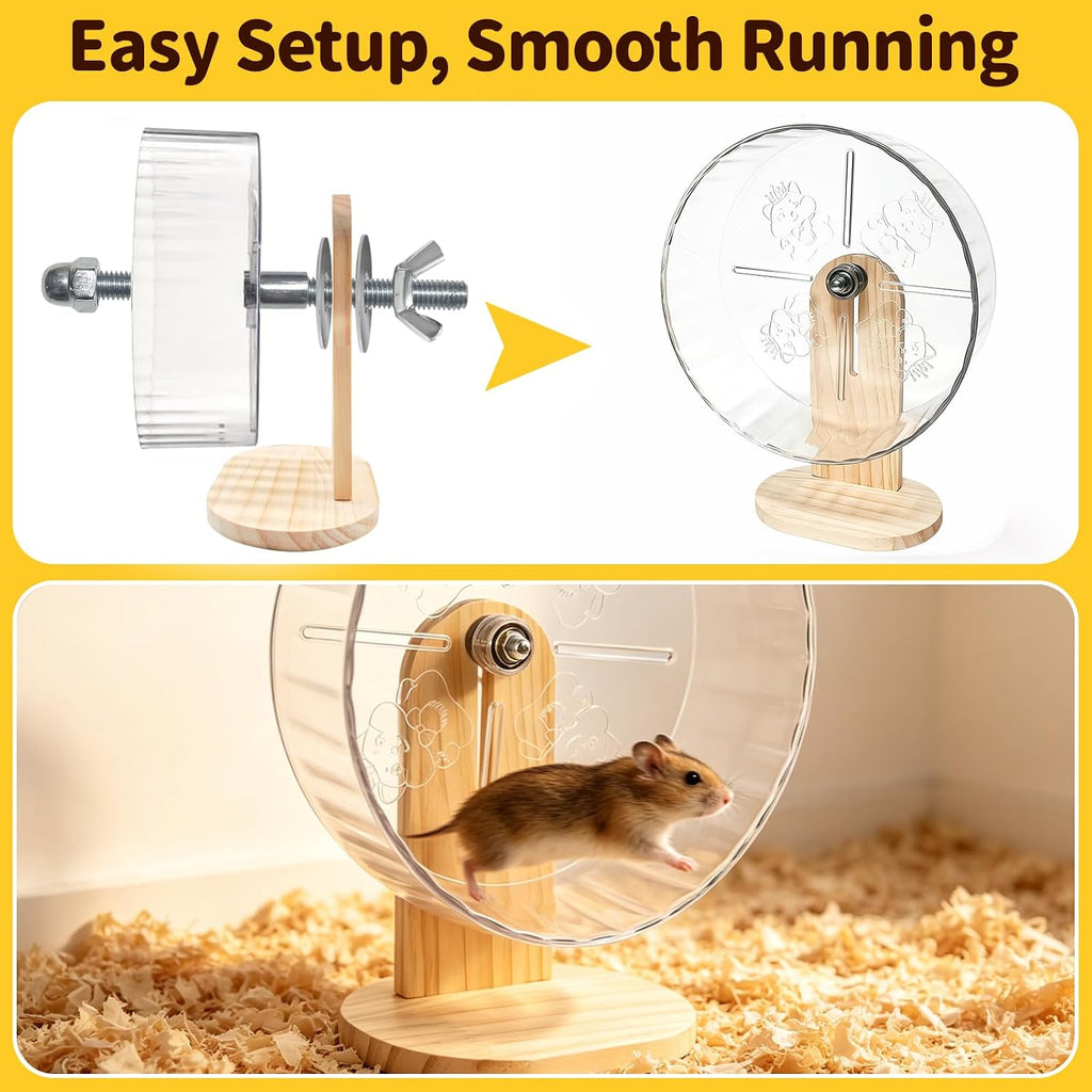 Hamster Cage Accessories Set ，Silent Exercise Wheel, Maze Wooden Hideout, Water Bottle with Holder, Chew Toys & Interactive Platform for Hamsters, Mice, Gerbils (All-in-One Habitat Enrichment Kit)