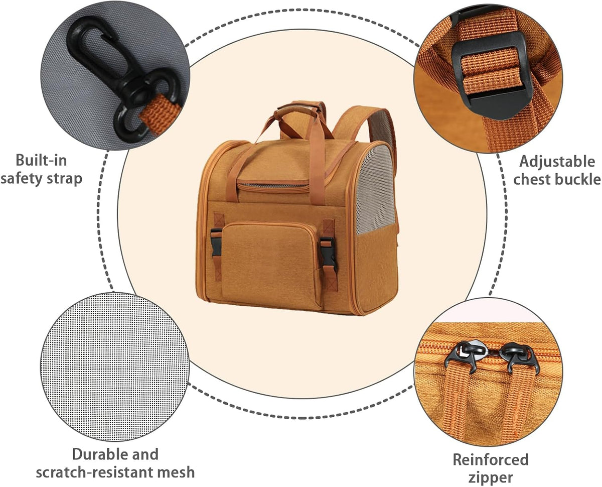 Cat Carrier Backpack, Airline Approved Expandable Pet Carrier, Breathable Mesh Backpack for Small Dogs & Medium Cats Hiking Camping Travel (Brown)