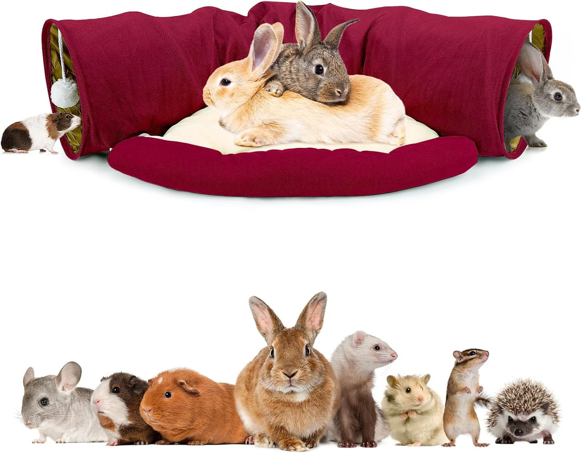 Bunny Tunnel Bed, 2-in-1 Collapsible Rabbit Tunnel Hideout with Mat