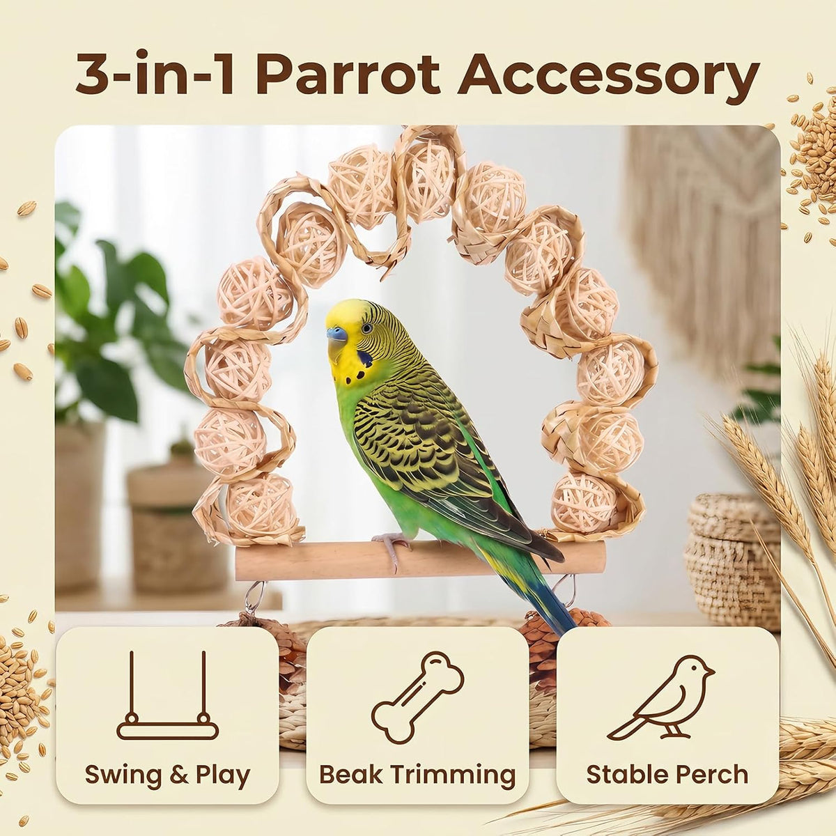 Bird Swing Chew Toy, Wooden Perch Cage Accessory for Budgie Cockatiel