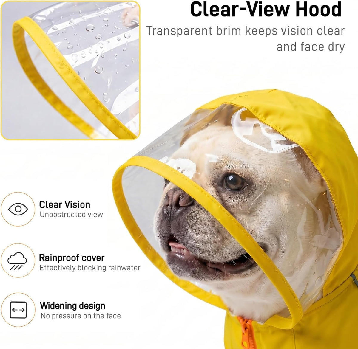 Dog Raincoat - Rain Jacket with Clear Hood and Broad Chest Fit