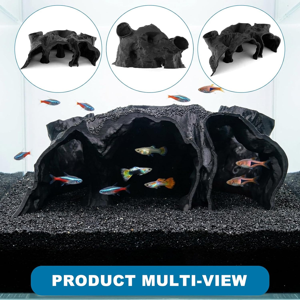 Black Aquarium Cave for Fish Tank, 3D Printed Fish Hideout Tunnel
