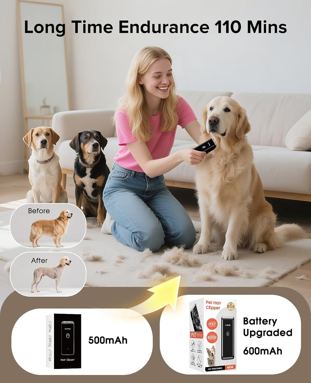 Upgrade Home Professional Dog Grooming Kit Clipper for Matted & Long Hair, Cordless Pet Shaver Low Noise USB Rechargeable for Cats, Small&Medium Dogs, Handy Pet Hair Grooming Trimmer, Black