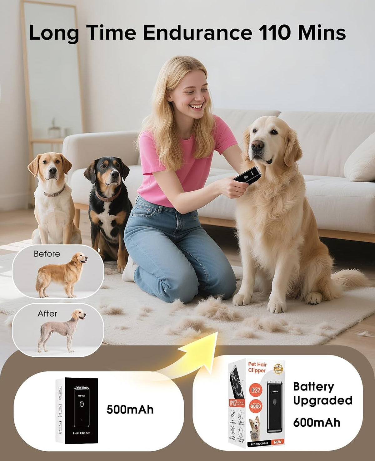 Upgrade Home Professional Dog Grooming Kit Clipper for Matted & Long Hair, Cordless Pet Shaver Low Noise USB Rechargeable for Cats, Small&Medium Dogs, Handy Pet Hair Grooming Trimmer, Black