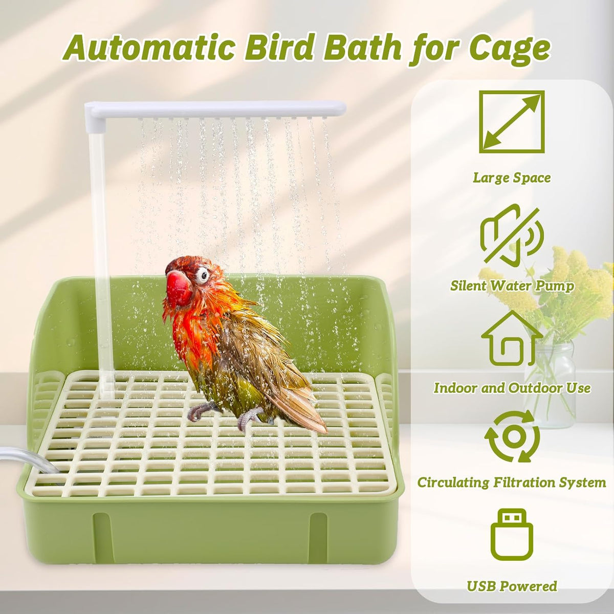 Automatic Bird Bath Fountain, USB Powered Bathtub for Parrots