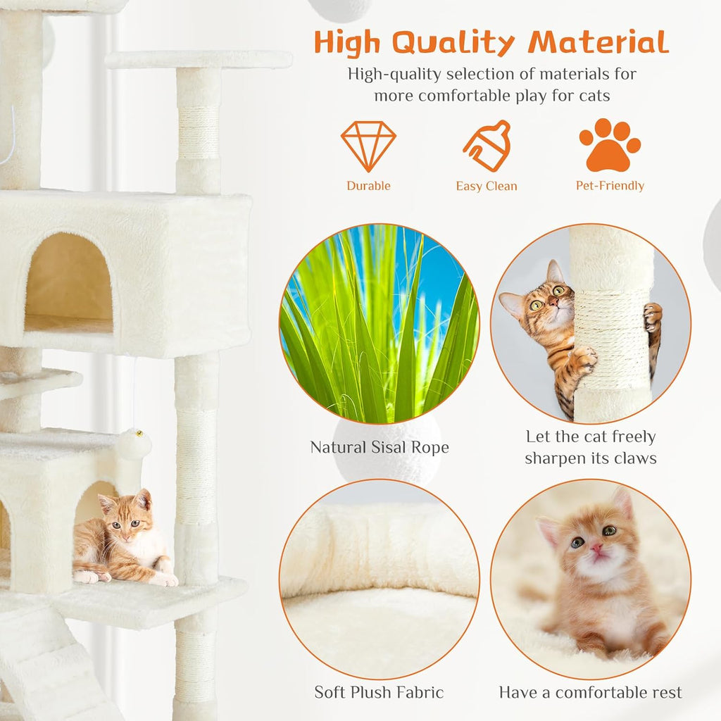 Hexago 54 Inch Cat Tree Tower for Indoor Cats, Multi-Level Cat Condo with Scratching Posts, Climbing Ladder, Plush Hammock, and Toy Ball, Stable Cat Play House Furniture, Beige