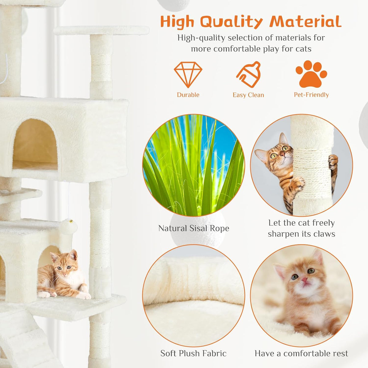 Hexago 54 Inch Cat Tree Tower for Indoor Cats, Multi-Level Cat Condo with Scratching Posts, Climbing Ladder, Plush Hammock, and Toy Ball, Stable Cat Play House Furniture, Beige