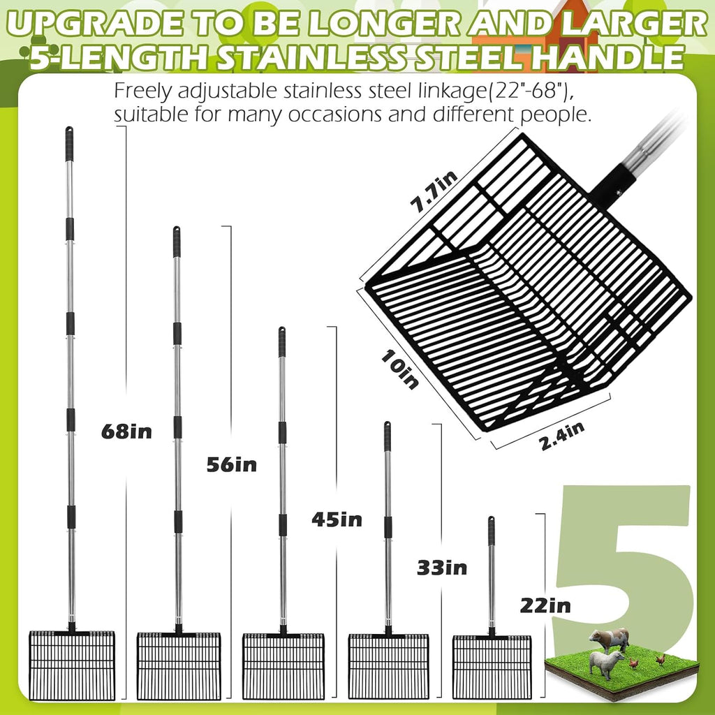 EXPAWLORER Large Chicken Poop Scooper, Adjustable Pet Coop Rake with Stainless Steel Long Handle, Heavy Duty Litter Sifting Sand Sifter Shovel Cleaning Tool Cat Chicken Coop Accessories (22"-68")