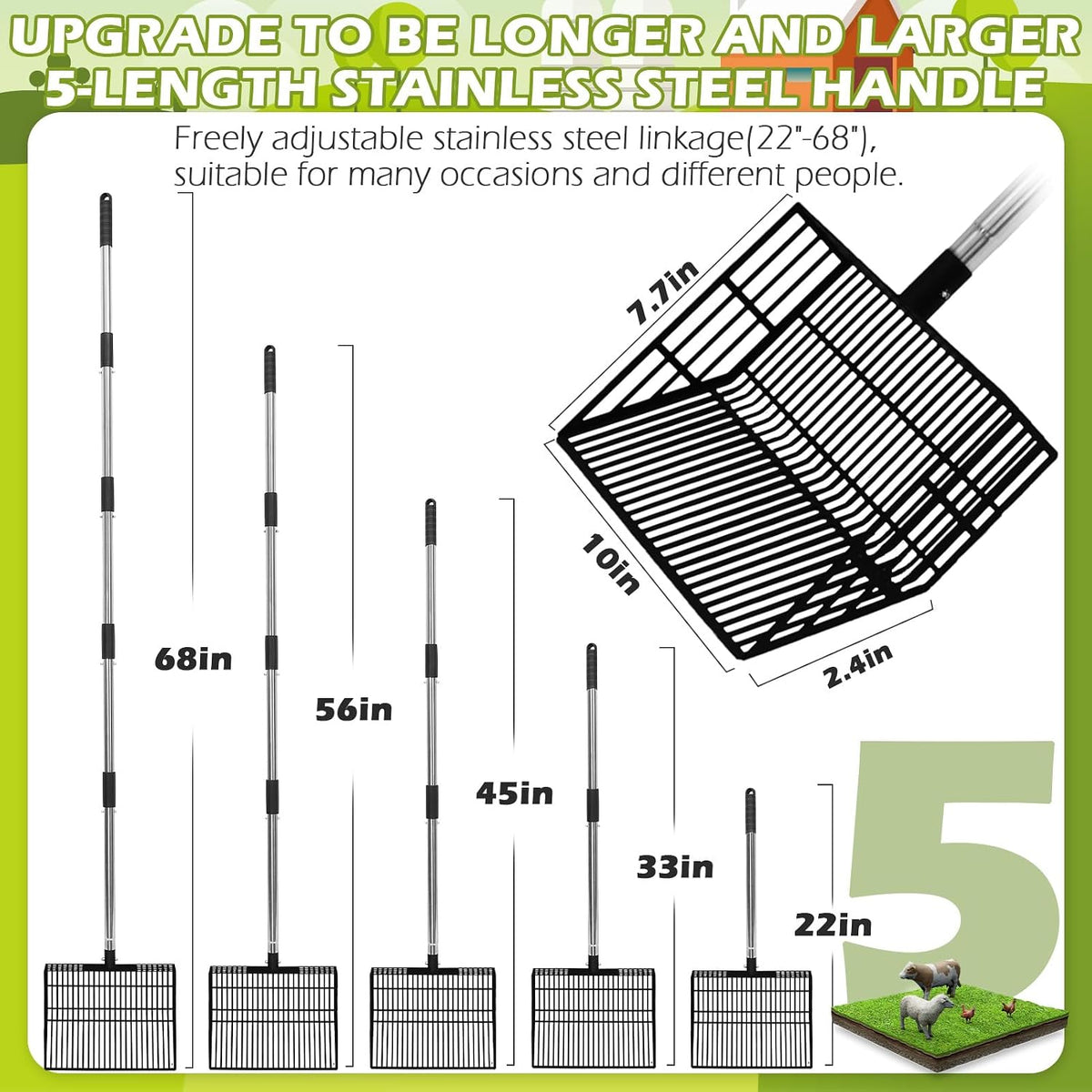 EXPAWLORER Large Chicken Poop Scooper, Adjustable Pet Coop Rake with Stainless Steel Long Handle, Heavy Duty Litter Sifting Sand Sifter Shovel Cleaning Tool Cat Chicken Coop Accessories (22"-68")