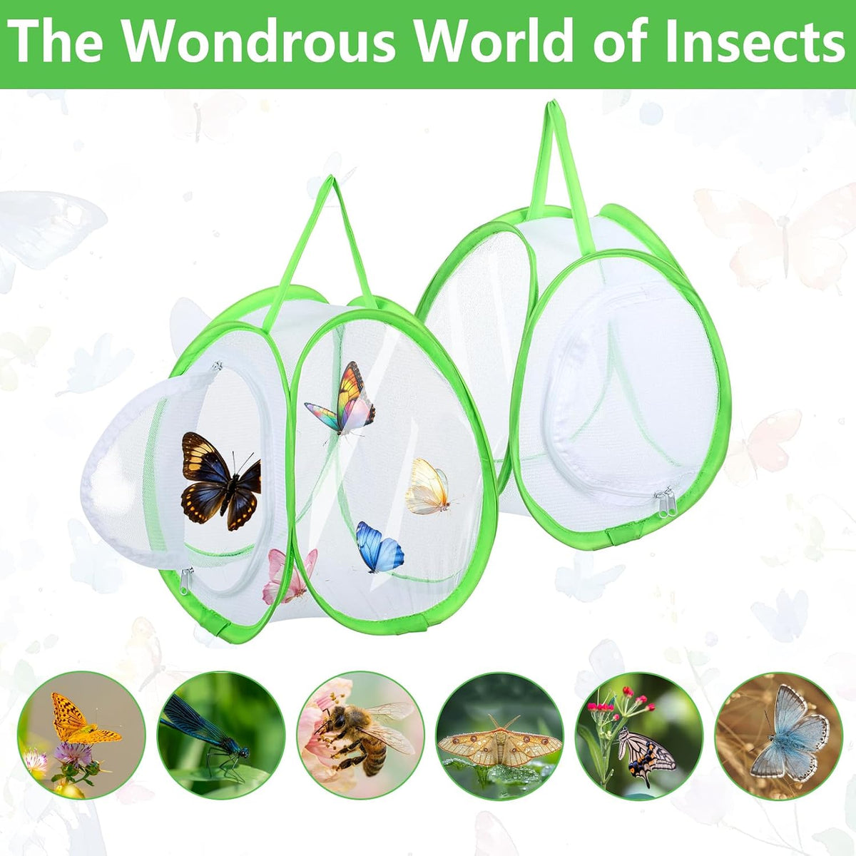 3 PCS Mini Butterfly Habitat Cage Foldable Insect Mesh Cage with Handle & Zipper Portable Butterfly Net Habitat Bug Terrarium for Transporting and Raising Critter Cage Easy to Observe, 10x 8.8x8Inch