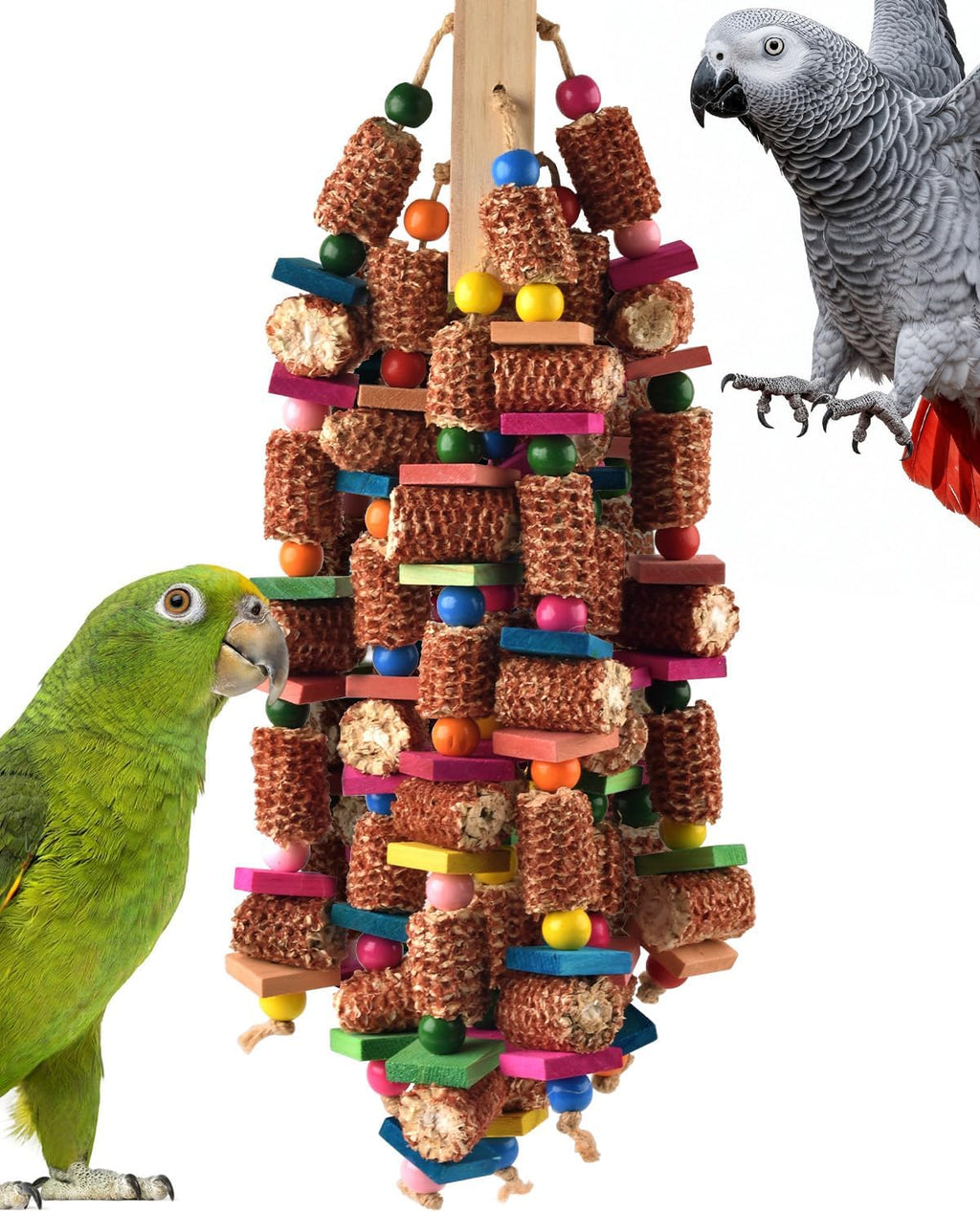 DBNESS Bird Toys for Parrots, 22in Large Parrot Chew Toys Natural Wood and Corn Cob Hanging Chewable Shredding Toy for Bird Cage, Foraging Toy for Macaws African Greys Cockatoos Amazons