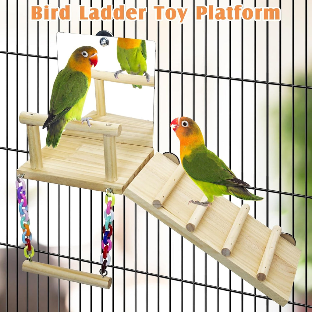 BNOSDM Bird Perch Platform with Mirror, Wooden Climbing Ladder for Parakeet, Small Bird Swing Toys Parrot Cage Accessories Budgie Playground for Cockatiel, Lovebirds, Conures, Finch