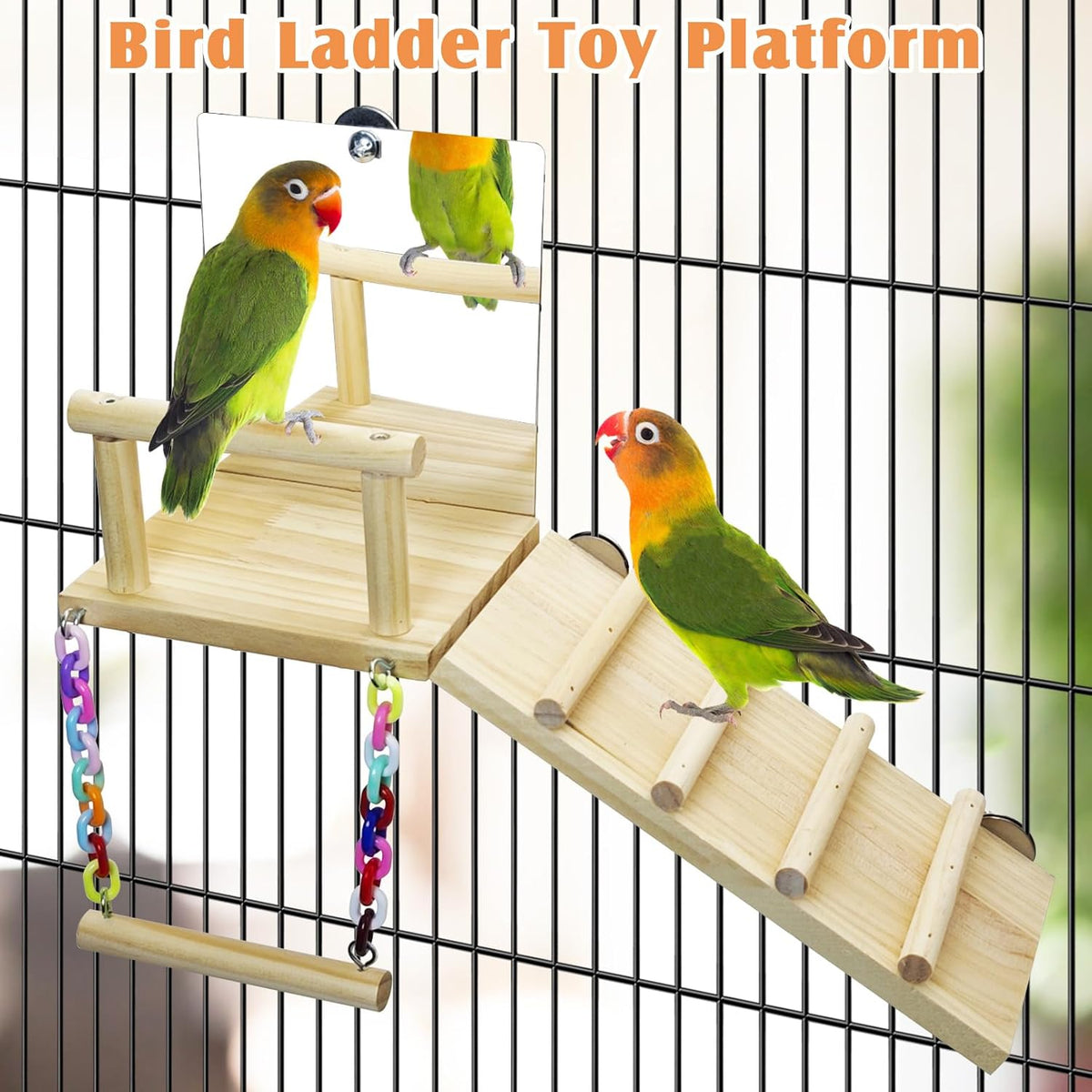 BNOSDM Bird Perch Platform with Mirror, Wooden Climbing Ladder for Parakeet, Small Bird Swing Toys Parrot Cage Accessories Budgie Playground for Cockatiel, Lovebirds, Conures, Finch