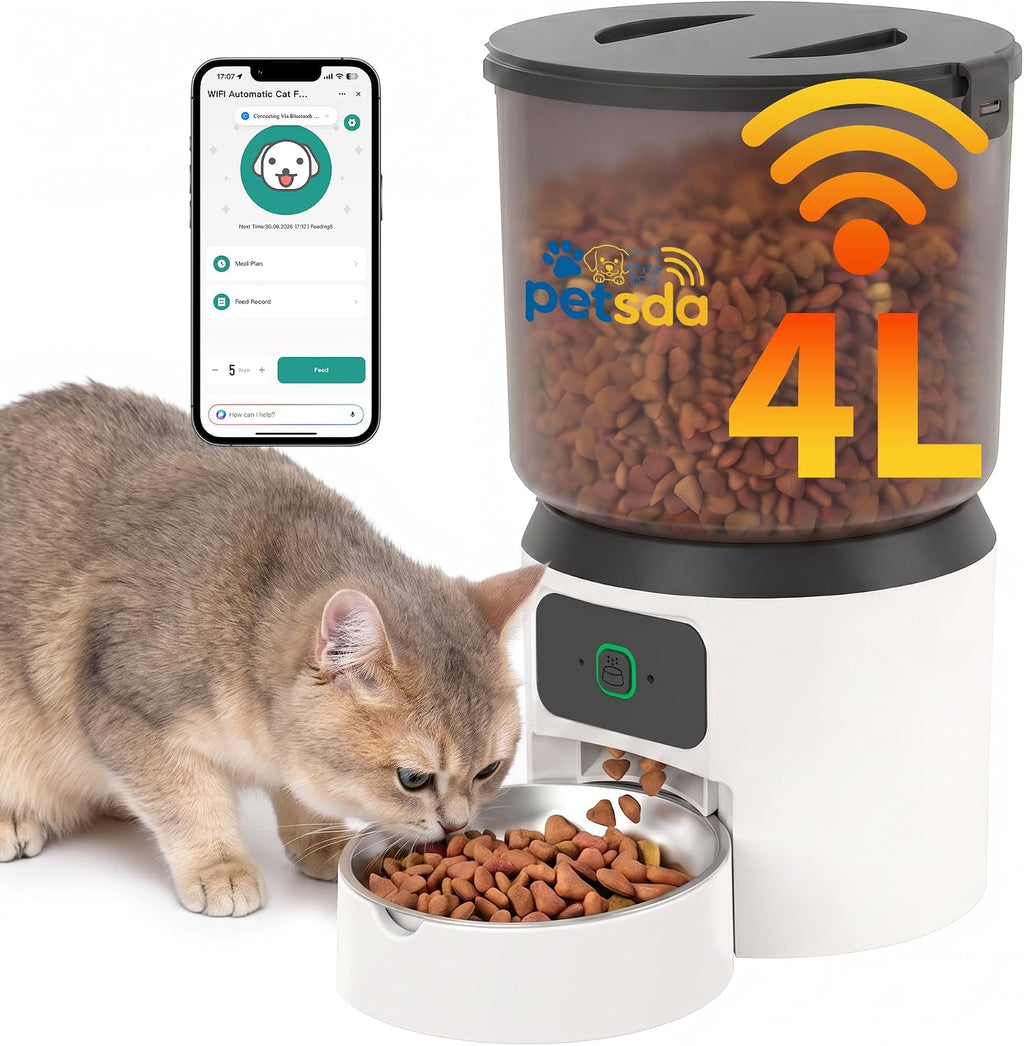 Automatic Cat Feeder 4L Timed Cat Dry Food Dispenser Auto Pet Feeder Portion Control up to 9 Meals/Day for Cats and Small Dogs Dual Power Supply, with Stainless Bowl Fresh Food, Easy Clean