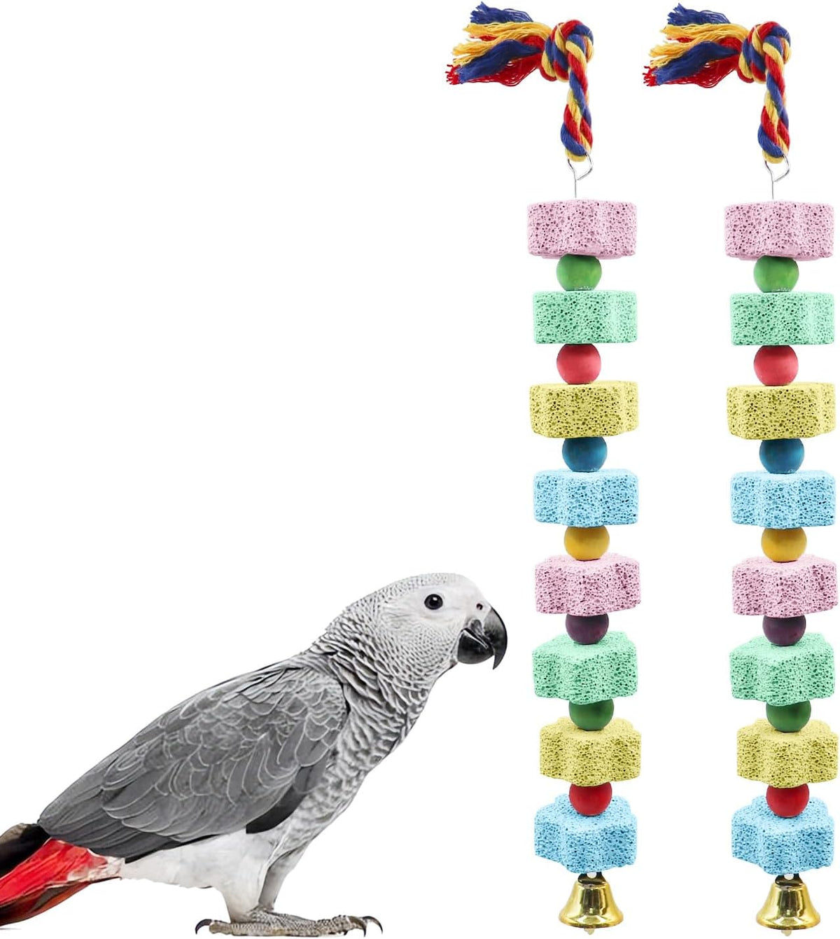 2 Pack Large Bird Chewing Toy, Parrot Beak Grinding Calcium Stone with Bells, Bird Cage Accessories, Cage Toys for Cockatiel Parakeet Parrot Budgies Rat Hamster Chinchilla Rabbit Bunny African Grey