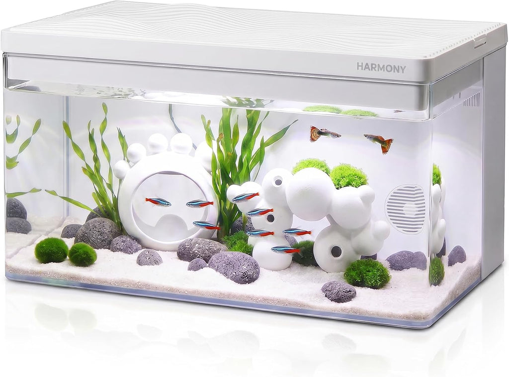Harmony 8 Gallon All-in-One Aquarium Kit, Award-Winning Fish Tank with Lid, Integrated Filtration, LED Light, Low-Iron Glass, White Tank with White Top