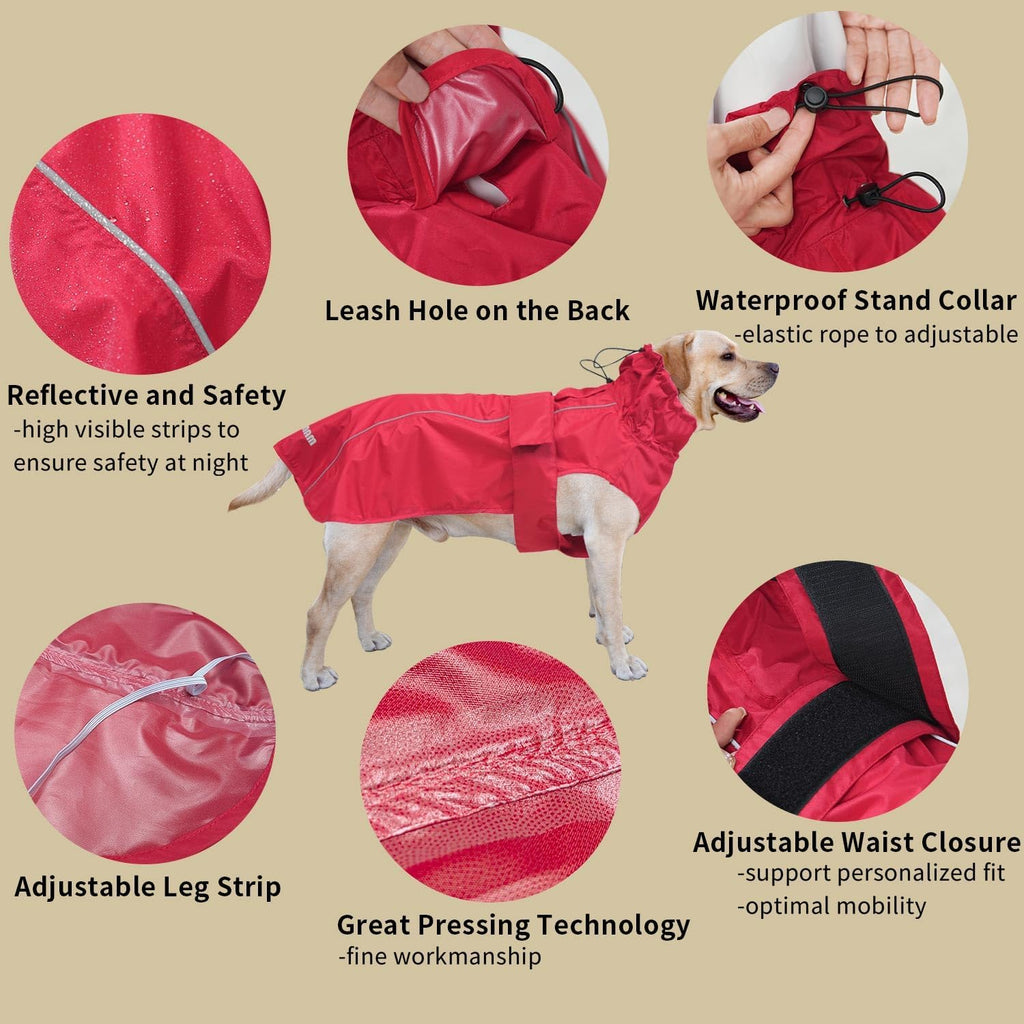 Adjustable Waterproof Dog Raincoat for Dogs,Lightweight Pet Rain Jacket Puppy Clothes with Reflective Strip for Small Medium Large Dogs (Red, Small)