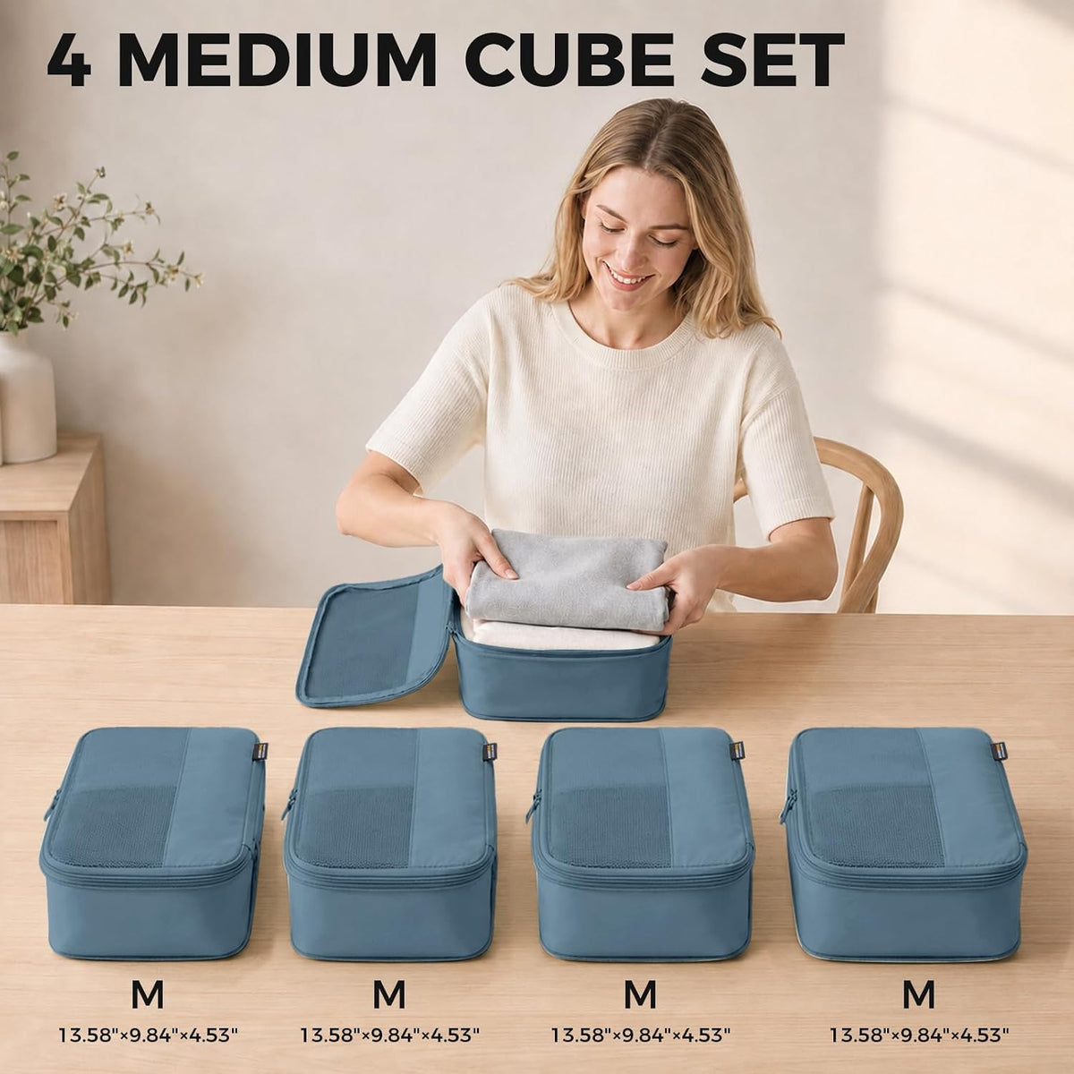 4 Medium Compression Packing Cubes for 3–7 Day Travel, Gray Blue