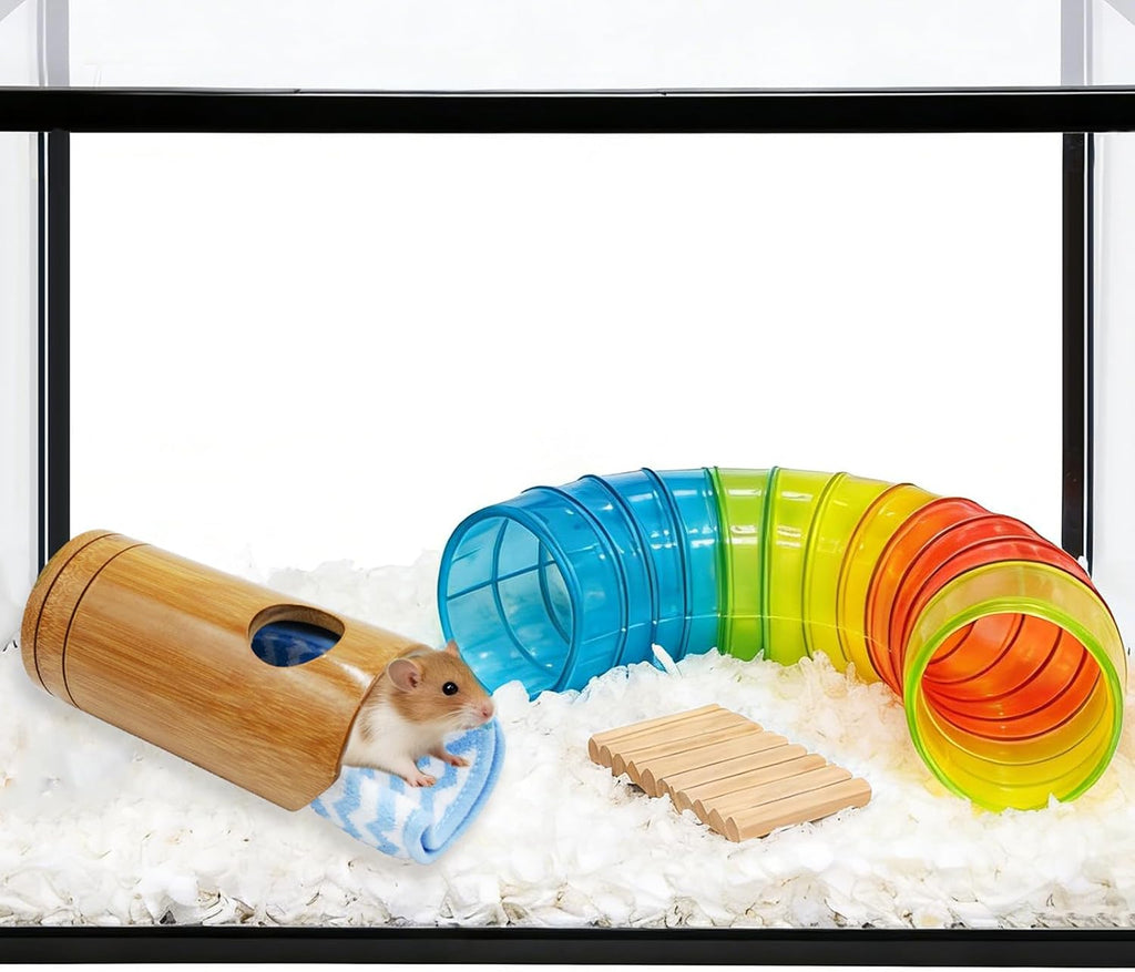 Rat Cage Accessories, Bamboo Tube Hide with Soft Towel Mat, Natural Hideout for Small Animals, Hamster Accessories for Cages, Hide for Hamster, Rat, Gerbil and Other Small Animals