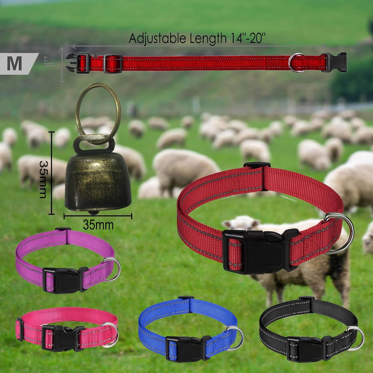 5 Pack Reflective Goat Collars with Grazing Copper Bells and Adjustable Nylon Collar with Anti-Lost Loud Bronze Bell for Farm Animal Goat Sheep Horse Cow(Size:M Neck:14-20")