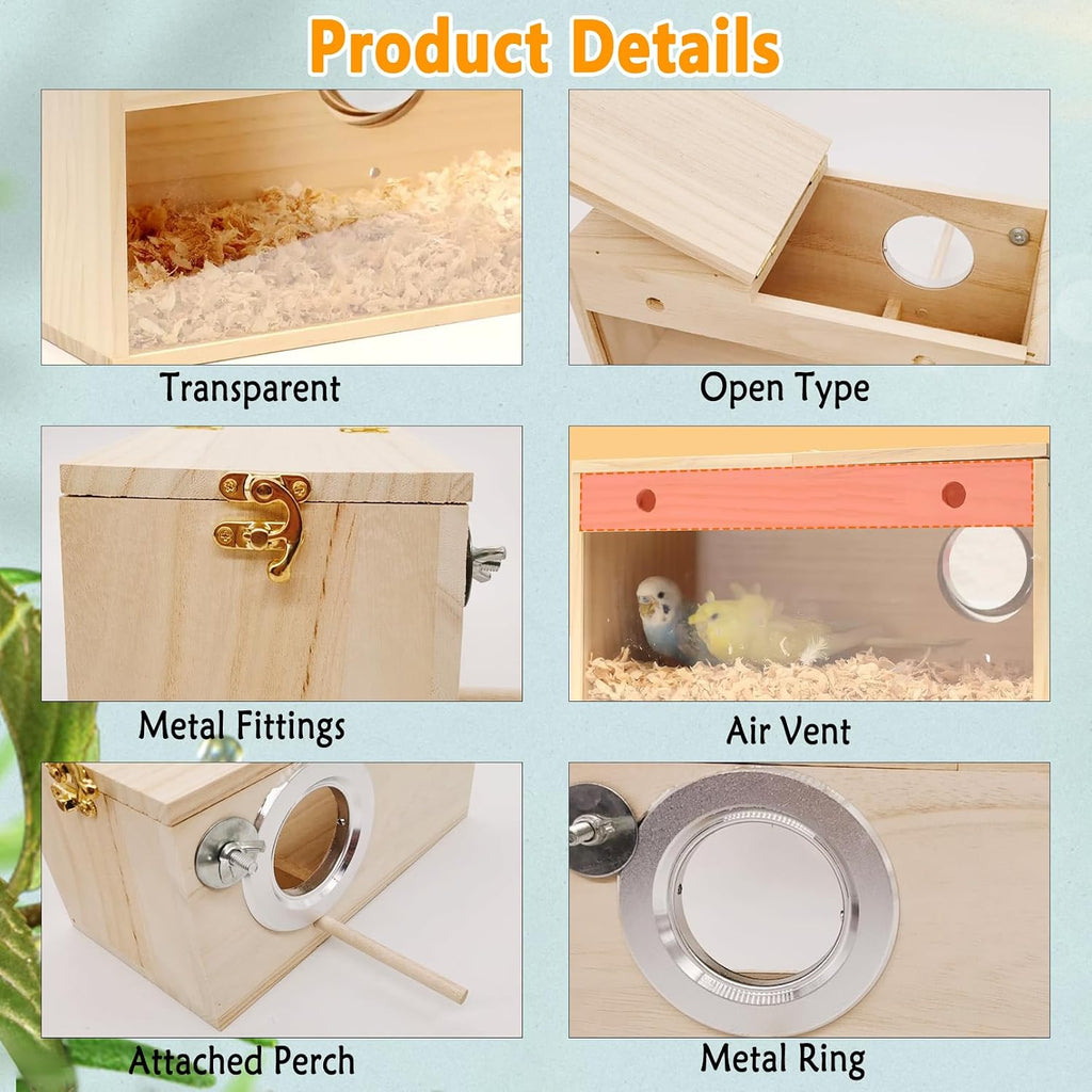 Parakeet Nesting Box with Acrylic Window, Natural Wood Breeding Box with Perch and Top-Open Lid, Bird Cage Nest House for Cockatiel Budgie Lovebirds Conure, Medium 9.8 x 4.7 x 4.9 in