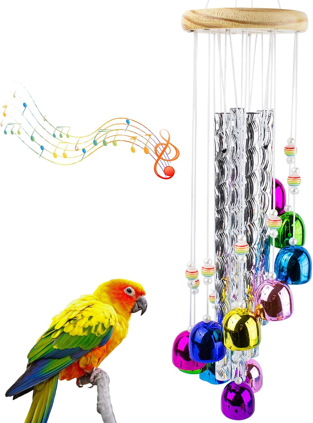 FlidRunest Bird Chewing Toys with Colorful Bells, Conure Wind Chimes Chew Toy with Colorful Stick, Bird Parrot Cage Hanging Bells Toys for Conure, Budgie, Parakeet, Cockatiel, Lovebird