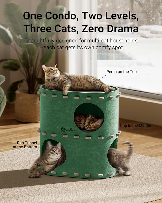 DownyPaws Cat House for Indoor Cats, 2-Storey Foldable Cat Bed Cave, Felt Cats - Image 2
