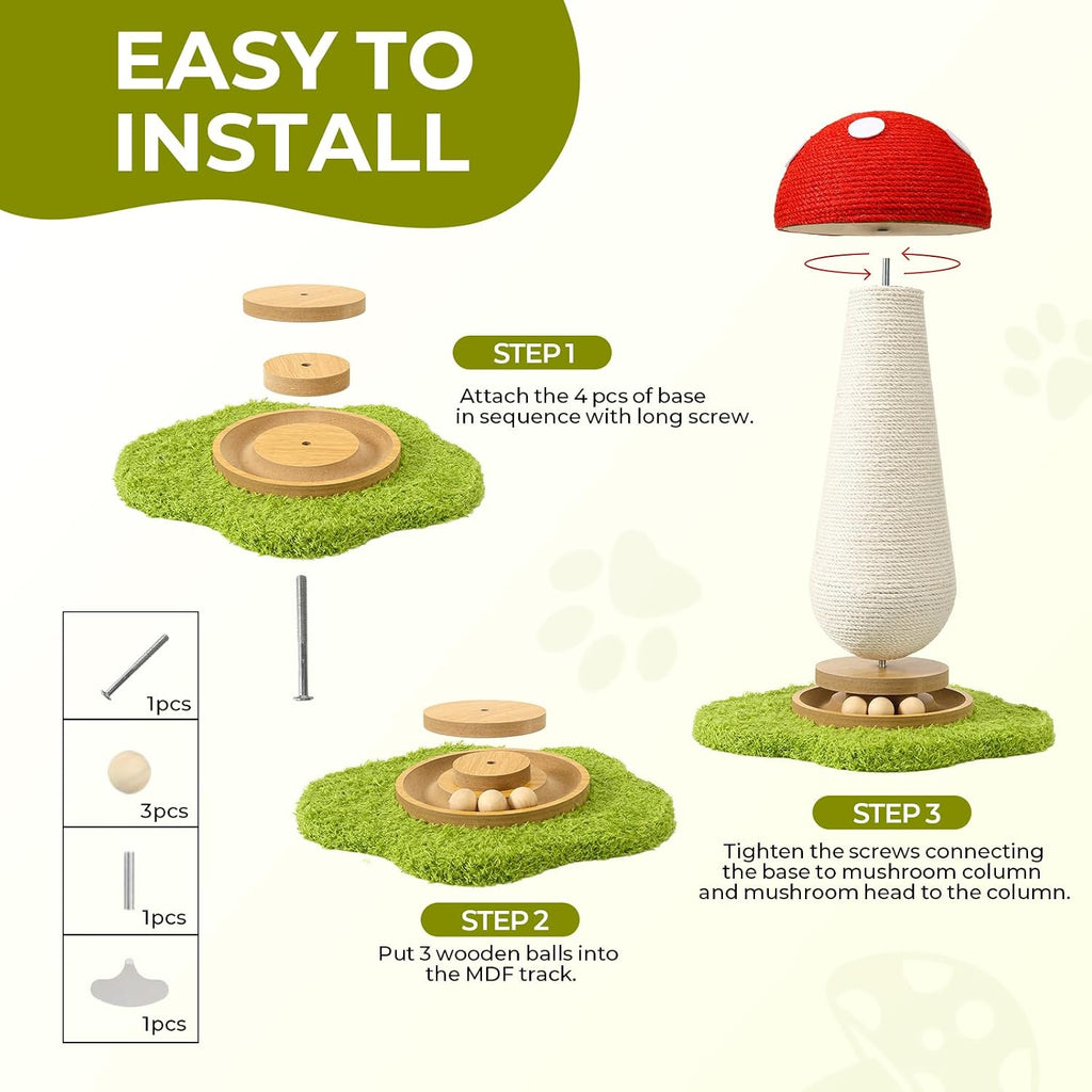 Cat Scratching Post, Mushroom Cat Scratcher with Interactive Ball Track Spring Ball Toys Cute Sisal Scratchers Post for Indoor Adults Kitten with Stable Base