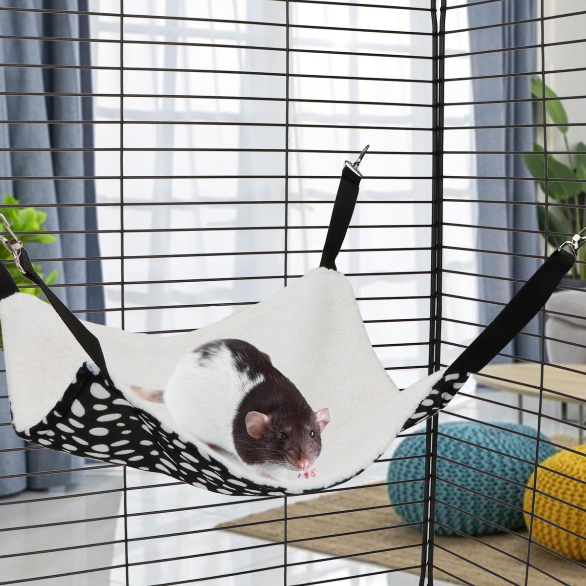 Wontee 2 Pack Small Animal Hammock Soft Fleece Sleeping Bed for Mice Rat Chinchilla Guinea Pig Ferret Kitten Cat Rabbit (M: 13.76x13.76inch, Black White Dot)