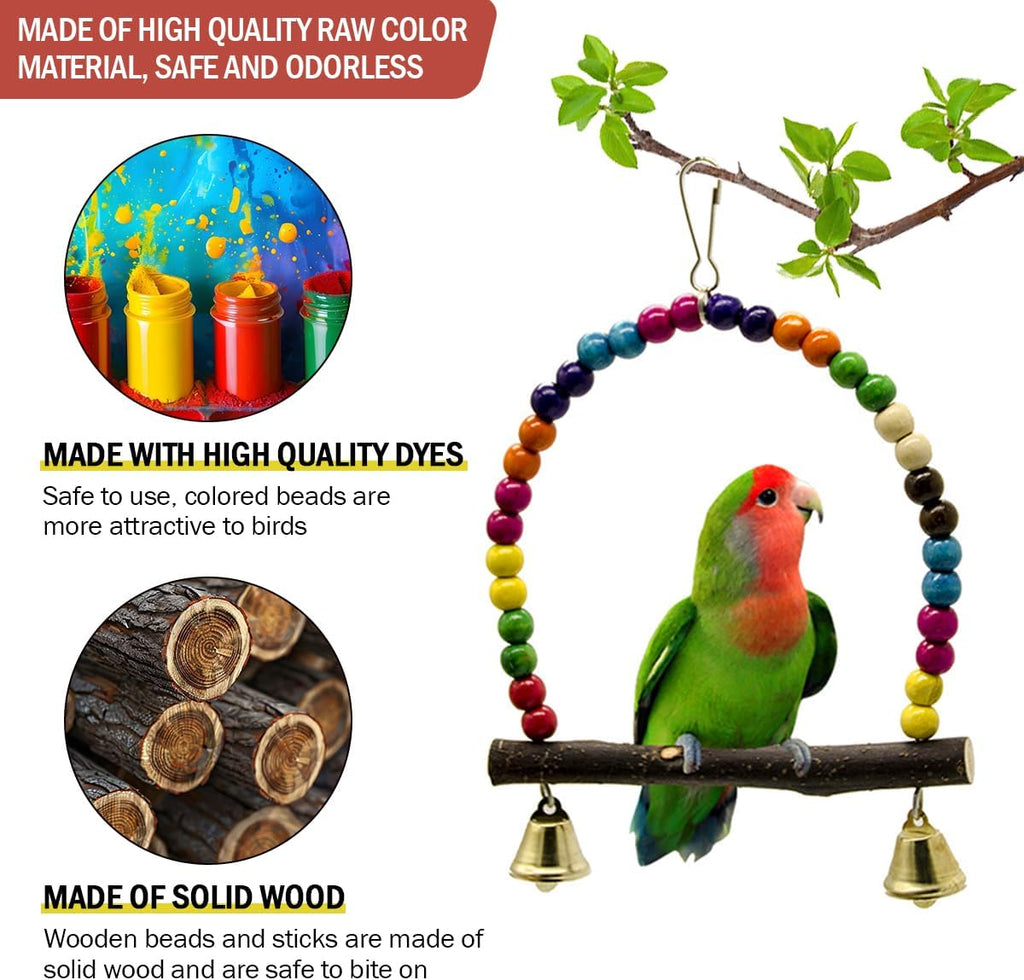 2 Pcs Wooden Bird Swing for Cockatiels Parakeets - Natural Wood Perch Hanging Toy with Colorful Beads Bell, Birdcage Climbing Accessories for Lovebirds Conures Budgies