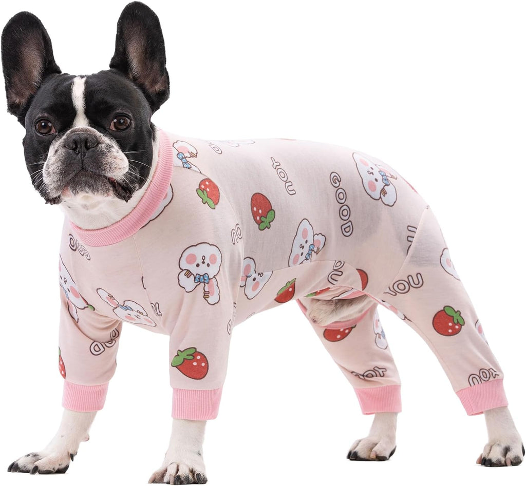 Dog Recovery Suit for Surgery - Soft Onesie, Cute Pajamas Bodysuit, Cone Alternative - Prevent Licking - Female/Male (Small, Bunny Strawberry)