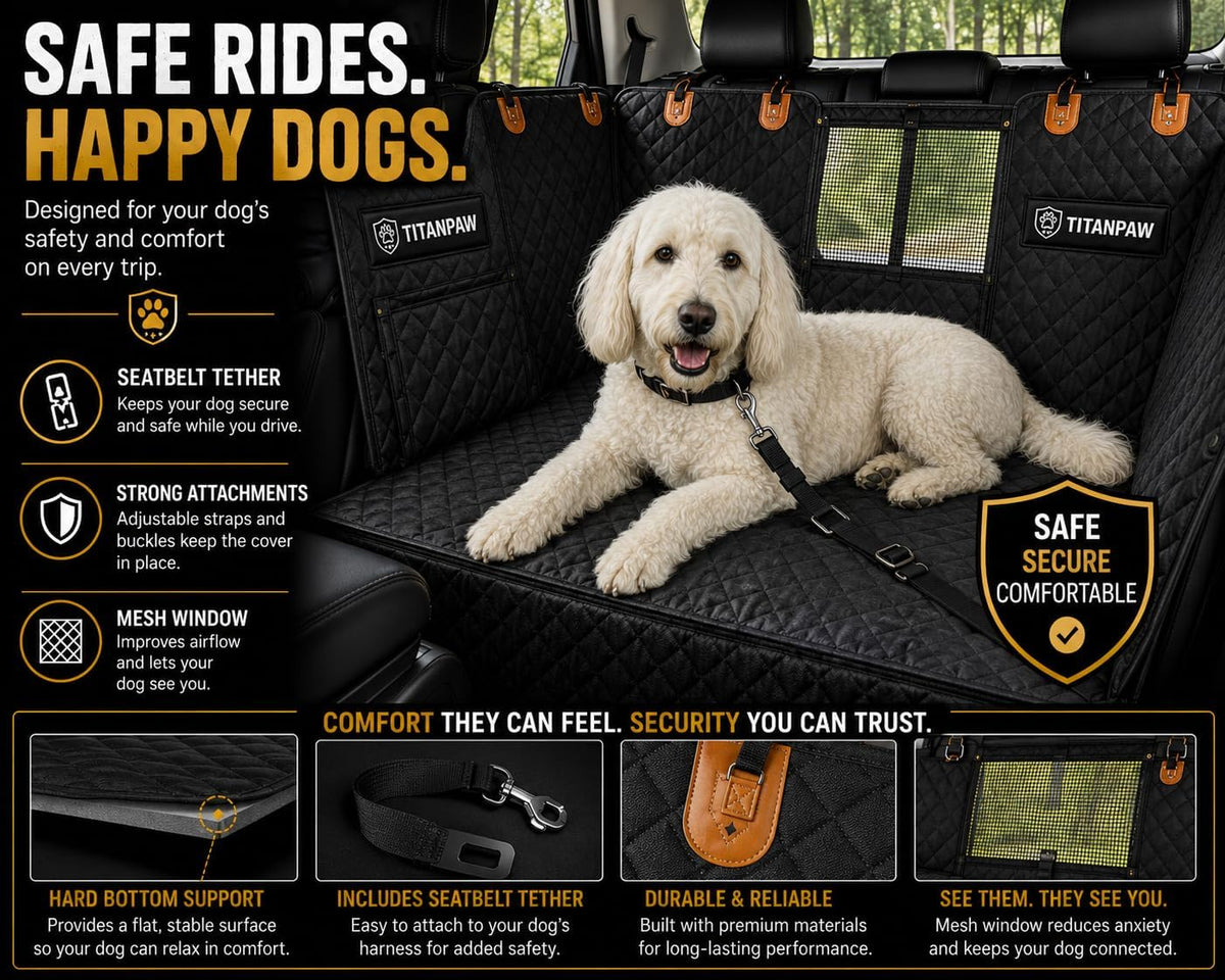 Hard-Bottom Dog Car Seat Cover for Back Seat, Flat Seat Extender for Large Dogs, Waterproof Non-Slip Pet Hammock with 400 lb Support, Fits SUVs, Trucks & Cars