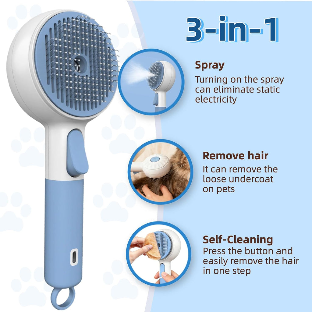 Cat Brush for Shedding, Self-Cleaning Deshedding Tool for Indoor Cats & Small Dogs, 3-in-1 Grooming Brush with Water Spray Mist, Rechargeable Pet Hair Removal Tool for Loose Fur and Tangles