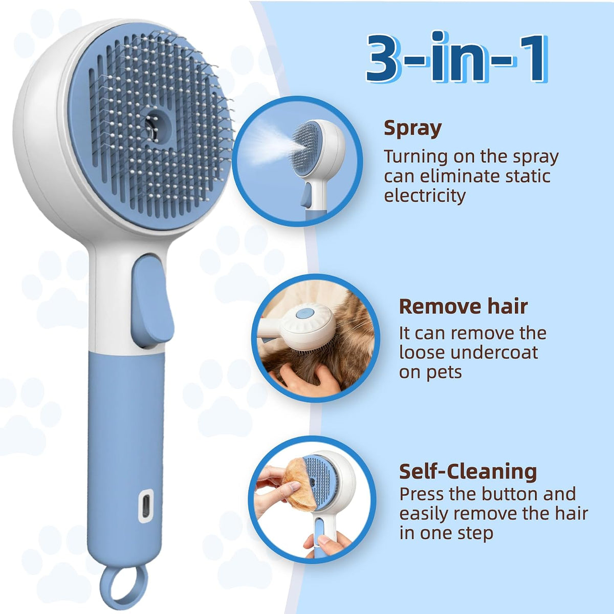 Cat Brush for Shedding, Self-Cleaning Deshedding Tool for Indoor Cats & Small Dogs, 3-in-1 Grooming Brush with Water Spray Mist, Rechargeable Pet Hair Removal Tool for Loose Fur and Tangles