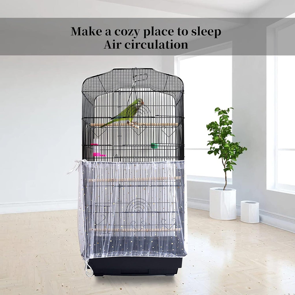 Daoeny 2Pcs Adjustable Bird Cage Cover, Upgraded Airy Nylon Mesh Parrot Net with Sequins, Universal Seed Feather Catcher, Soft Birdcage Cover Skirt Sheer Guard for Parakeet Macaw Round Square Cages
