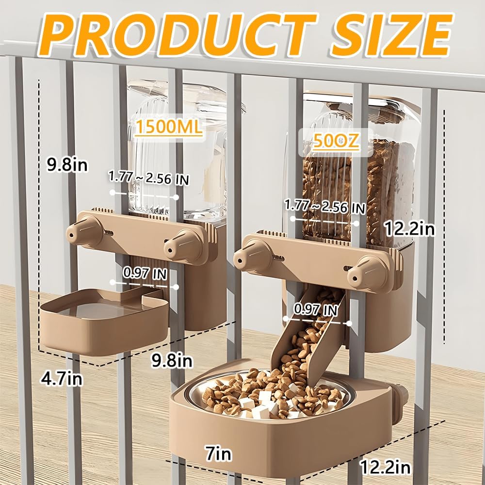 2-Pack Cage-Style Large Capacity Hanging Automatic Pet Feeder & Water Dispenser 50oz/1500ml,for Cages 0.98" Max Inner,1.77"-2.56" Outer,for Small/Medium Dogs, Cats, Rabbits & Guinea Pigs