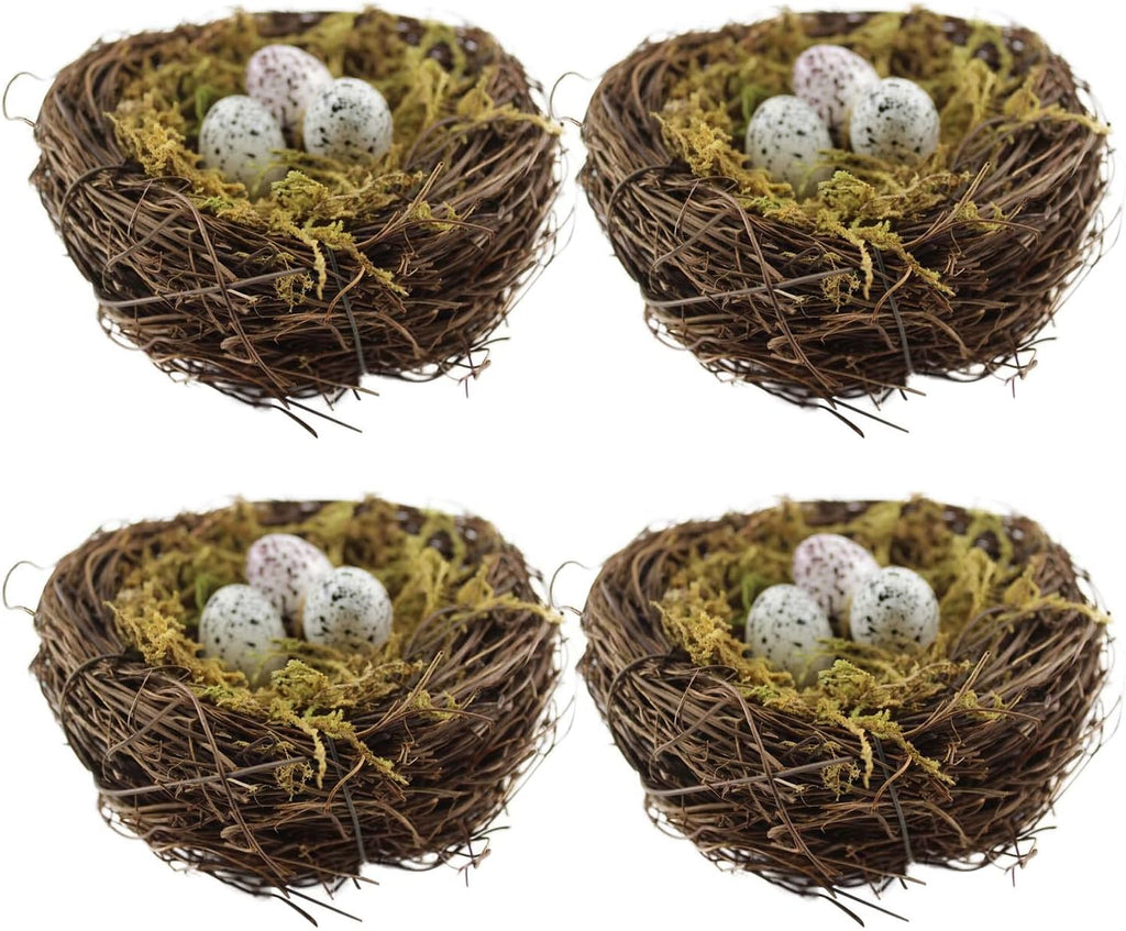Artificial Birds Nest, 4PCS Crafts Handmade Natural Easter Birds Nest Rattan Birds Nest for Garden Yard Home Party Easter Decor Contains 12 Artificial Bird Eggs&4 Packs of Moss