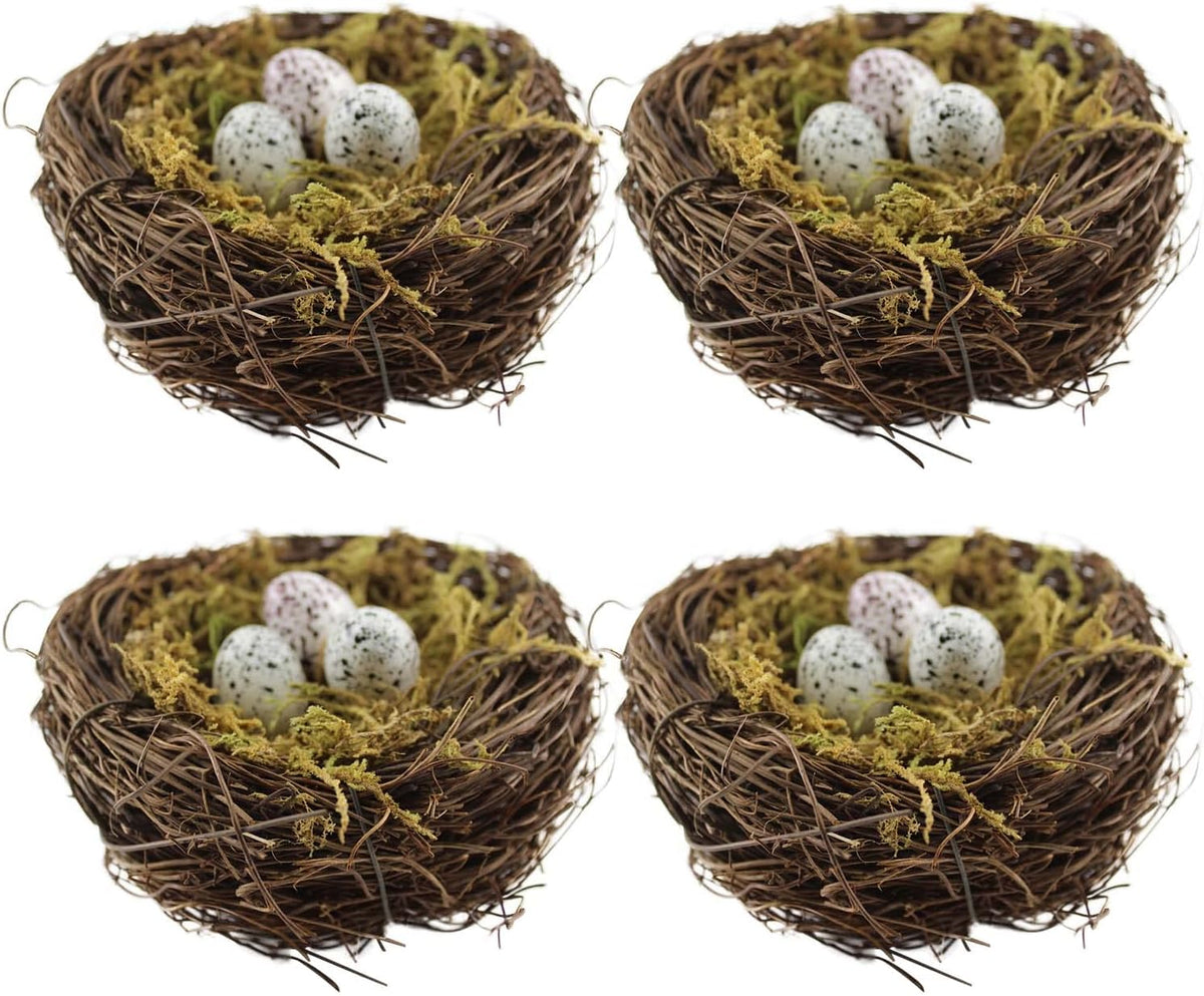 Artificial Birds Nest, 4PCS Crafts Handmade Natural Easter Birds Nest Rattan Birds Nest for Garden Yard Home Party Easter Decor Contains 12 Artificial Bird Eggs&4 Packs of Moss