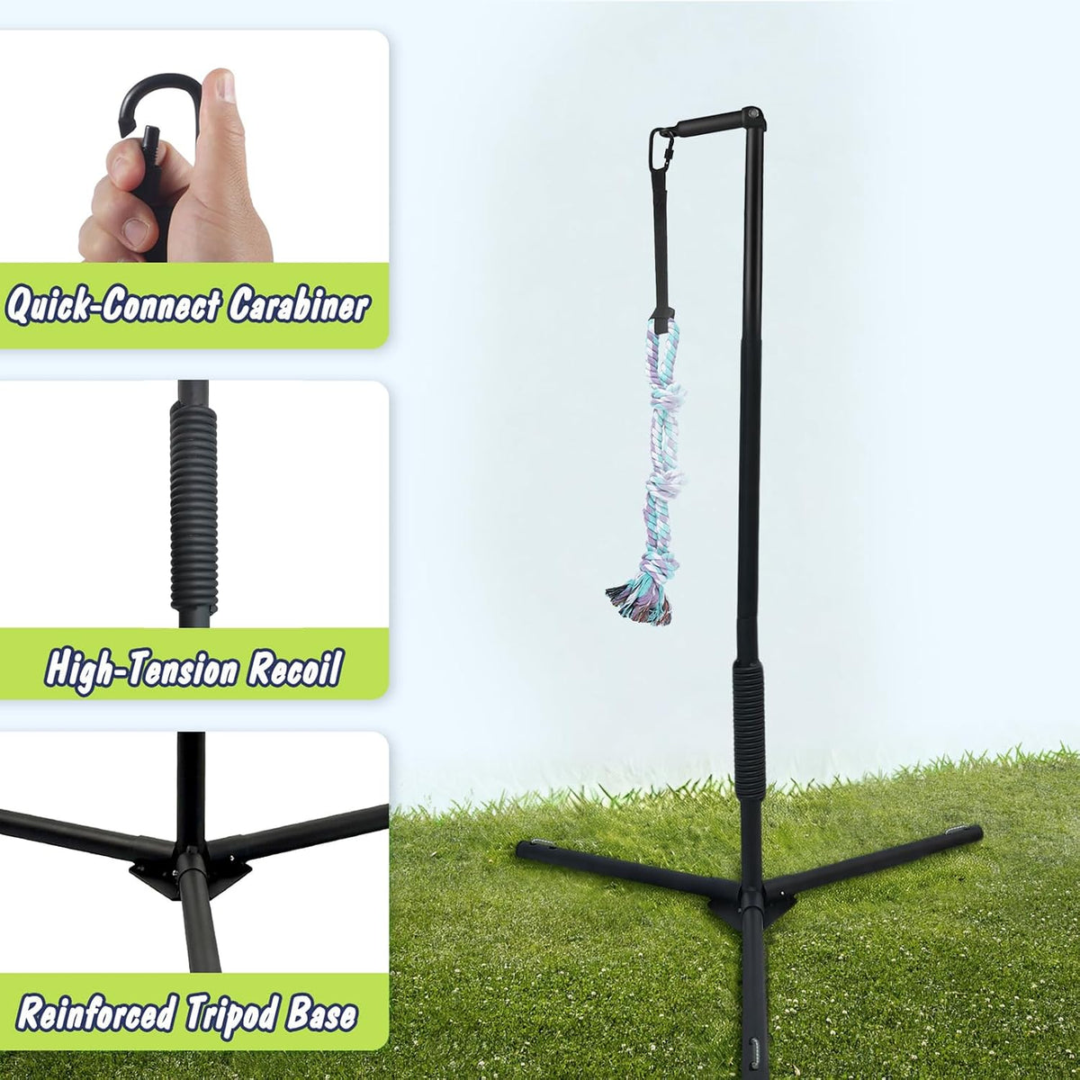 Outdoor Tug of War Dog Toy with Reinforced Tripod Base - Heavy Duty Iron 360° Interactive Tether Tug Toy for Backyard Solo Play - Adjustable Spring Pole Rope System for All Breeds