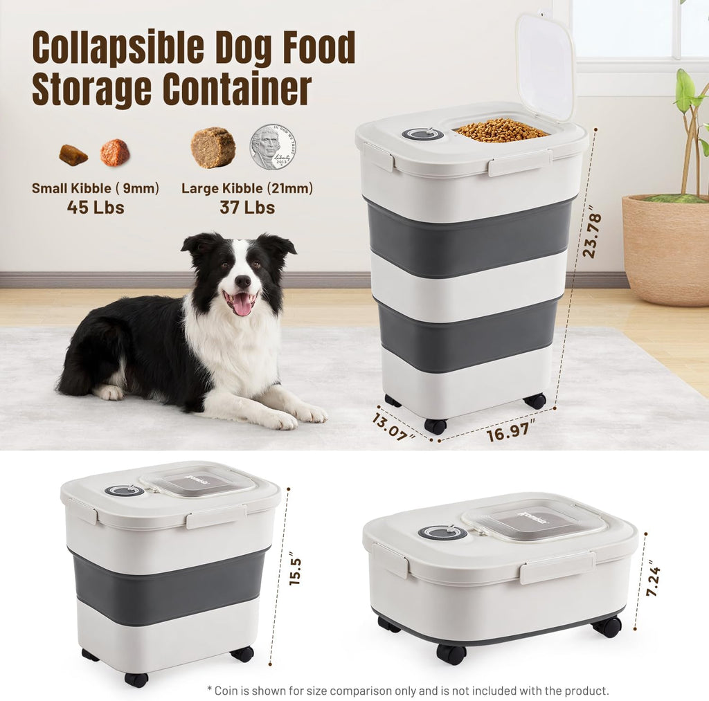 40-50lbs Collapsible Dog Food Storage Container with Wheels, Grey