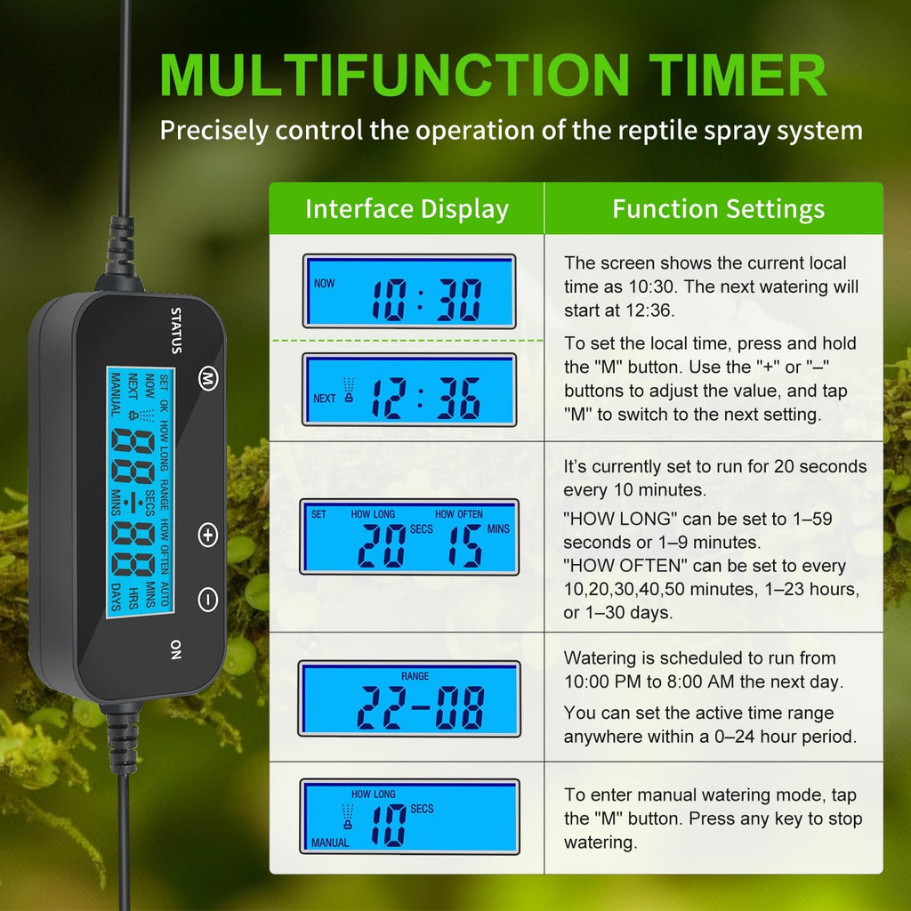 Reptile Mister System, External Timer & 360° Adjustable Nozzle, Humidifier for Reptiles, Amphibians, Rainforest Plants and Aquariums