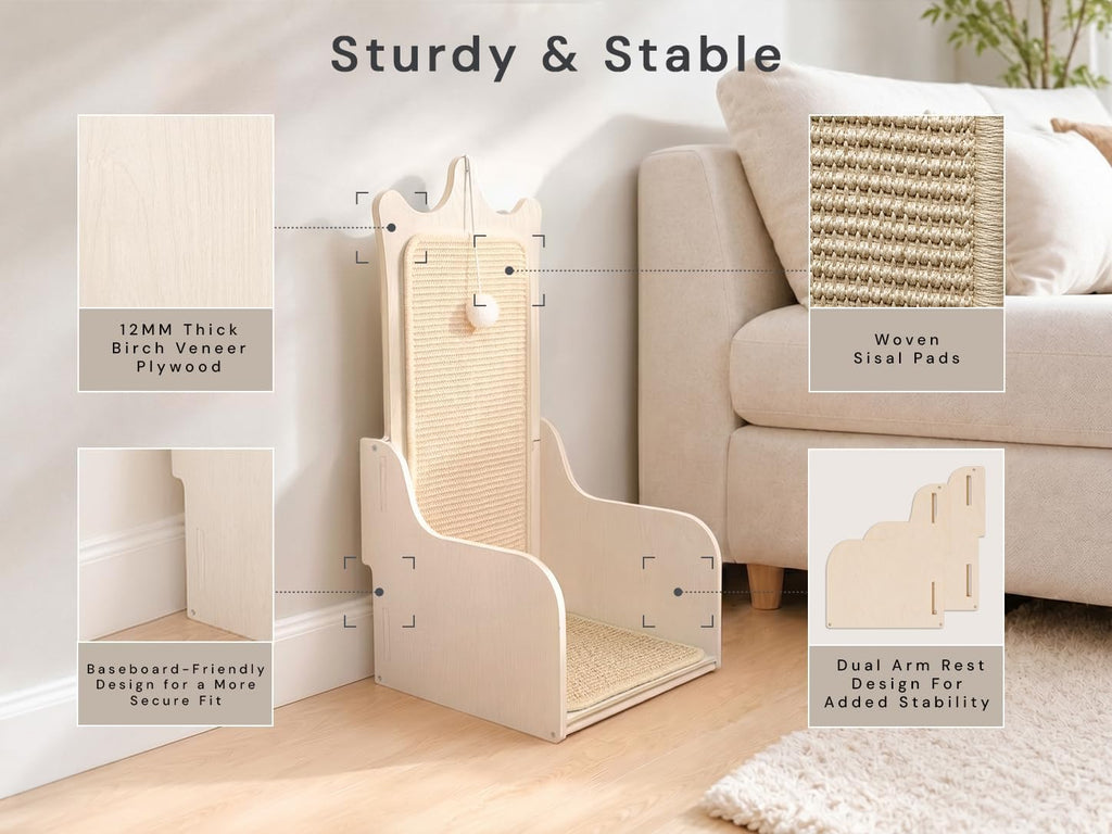 L-Shaped Vertical Sisal Cat Scratcher, Wooden Throne-Inspired Design