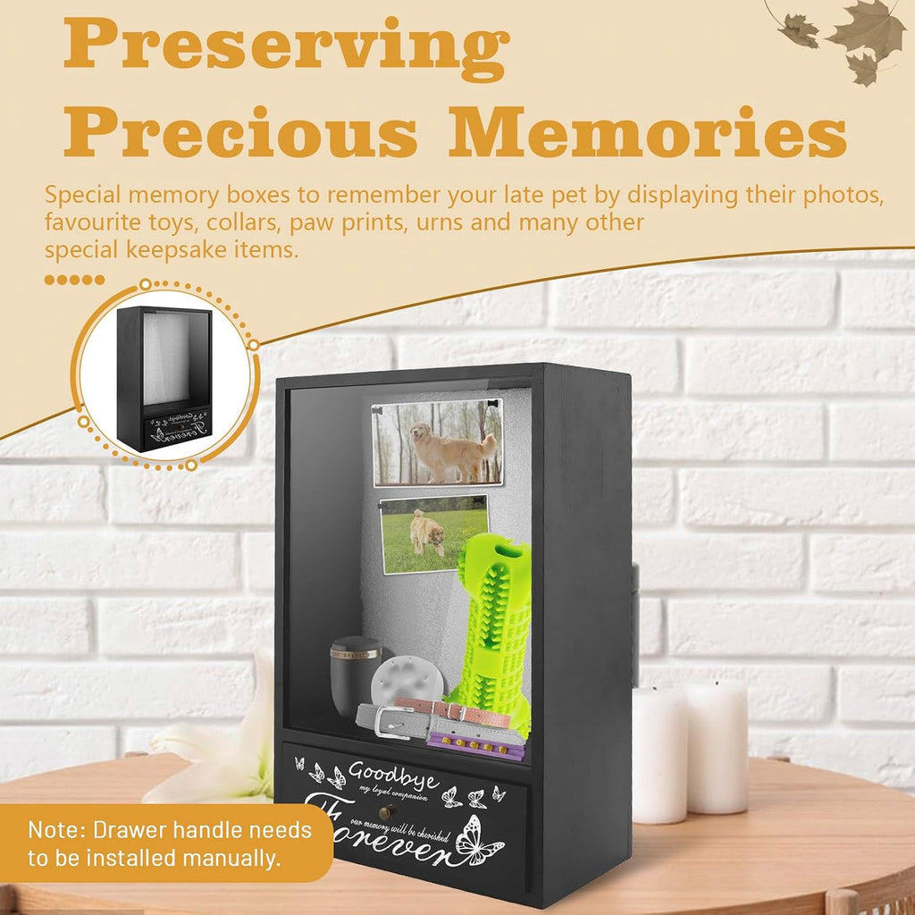 Pet Memorial Shadow Box, Pet Urn Ashes Display Case with Drawer, Dog Memorial Picture Frame Display Case, Pet Memorial Gifts for Loss of Dog with Pet Paw Print Set (Black)