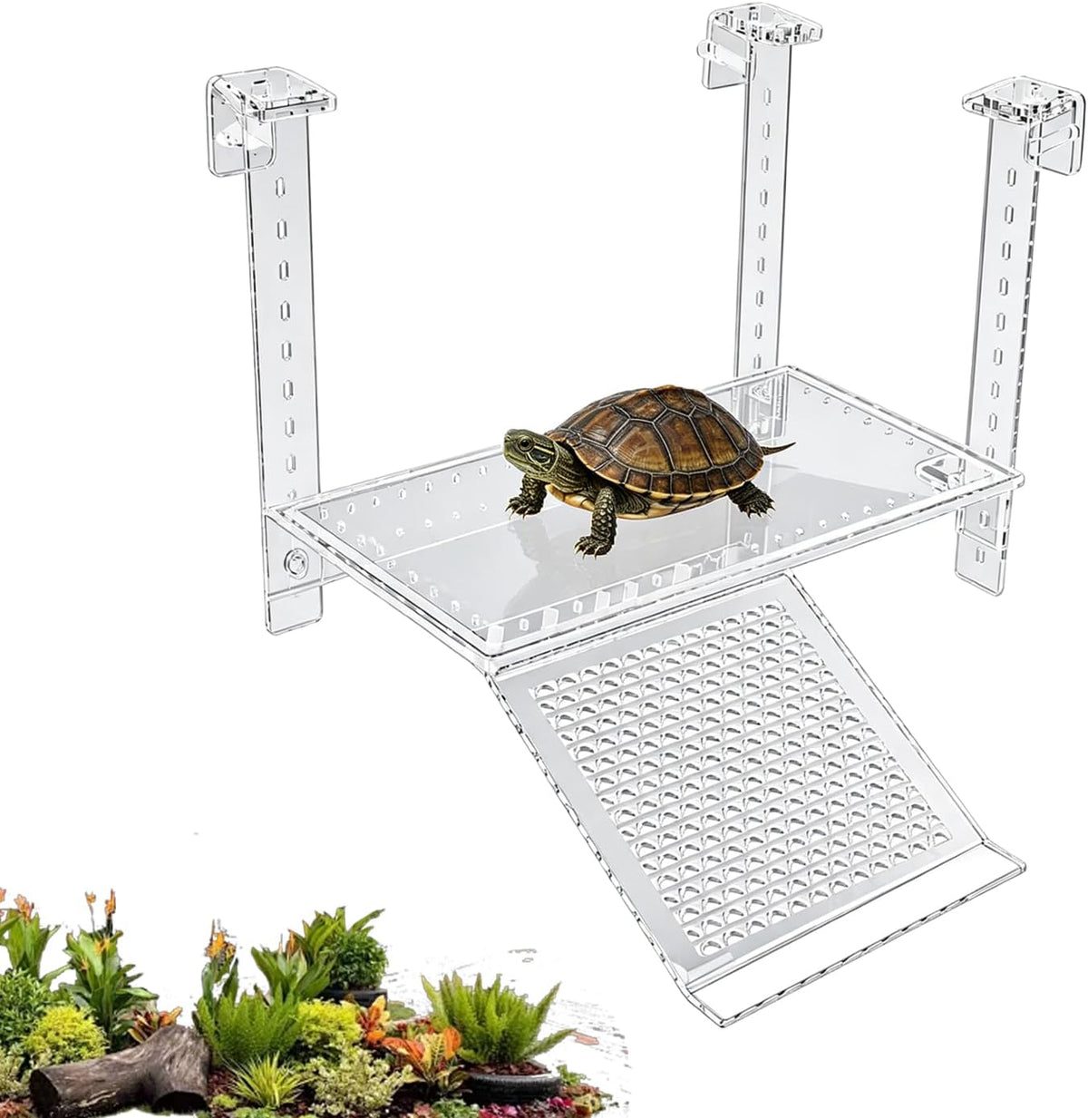 Turtle Basking Platform, Clear Acrylic Turtle Dock with Slip-Resistant Ramp and Built-in Hooks for Aquatic Turtles, Direction-Adjustable Ramp, Turtle Terrace, Turtle Tank Accessories