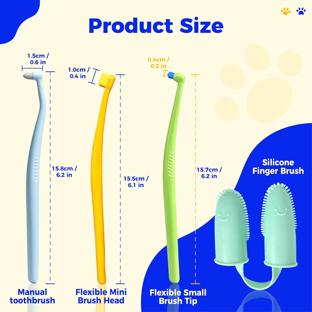 Cat Toothbrush Kit with 3 Compact-Head Brushes and Cat Finger Toothbrush