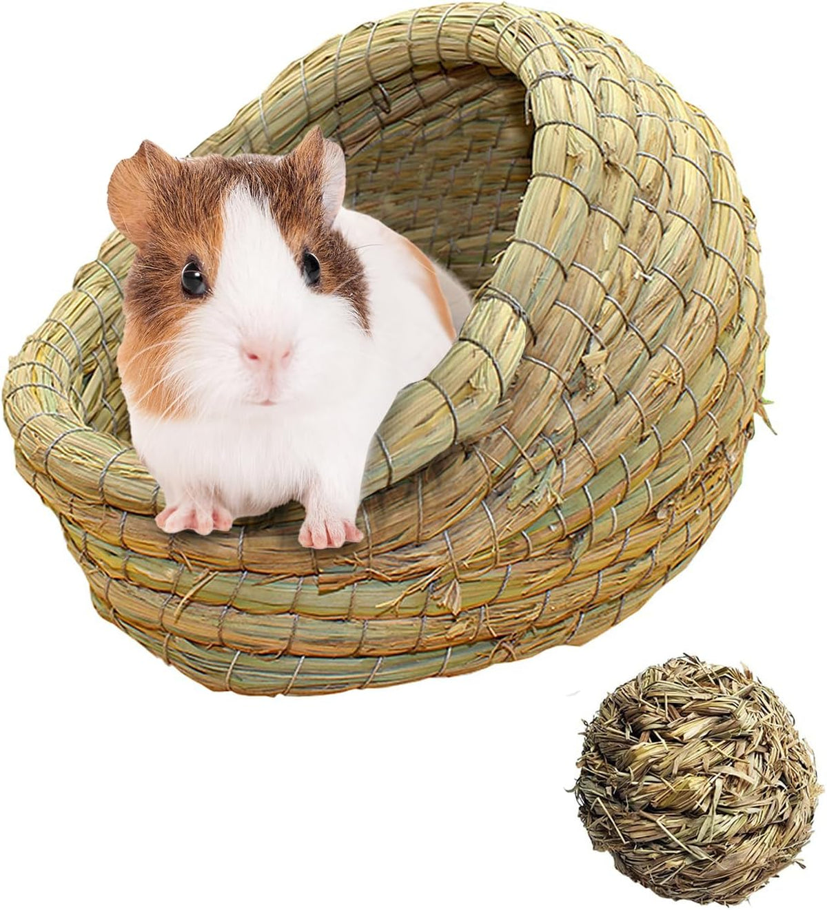 kathson Guinea Pig Grass House Guinea Pig Hideout Bunny Woven Hay Bed Hand Woven Natural Grass House for Hamster Bunny and Small Animals with Hay Chew Balls Toys(Small)