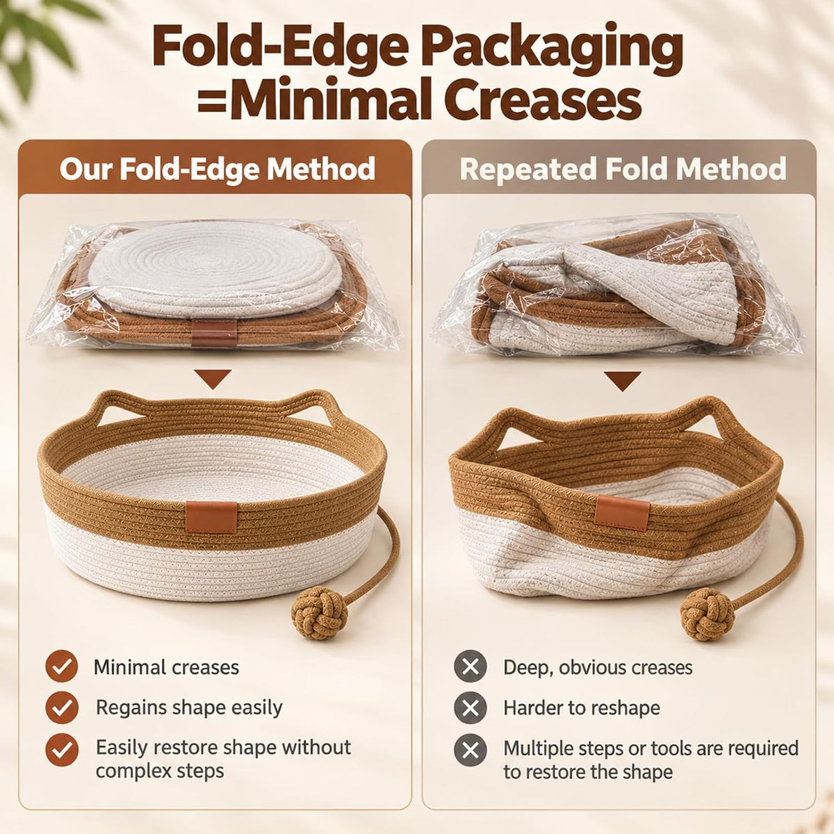 Instinct Basket for Cats, Minimal Creases Cat Bed, Brown, Large