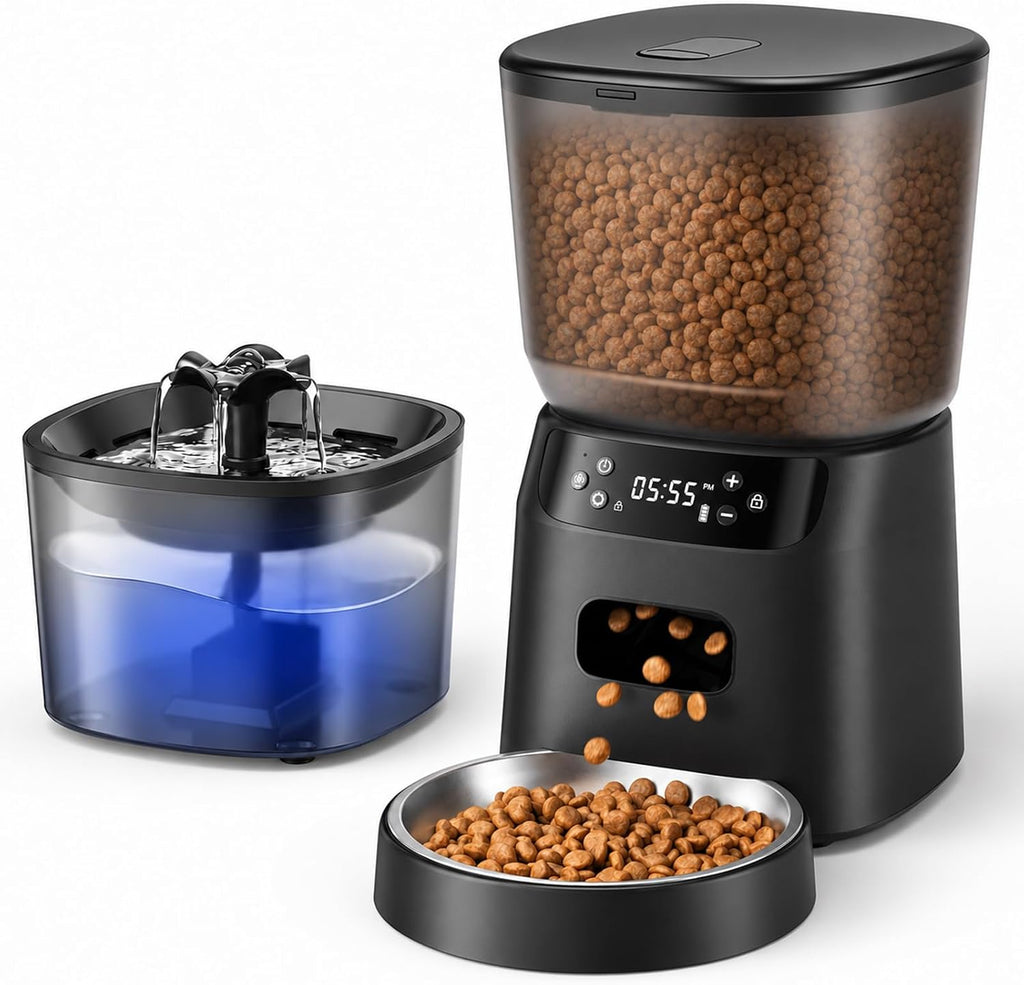 Automatic Cat Feeder and Cat Water Fountain, Timed Dry Food Dispenser