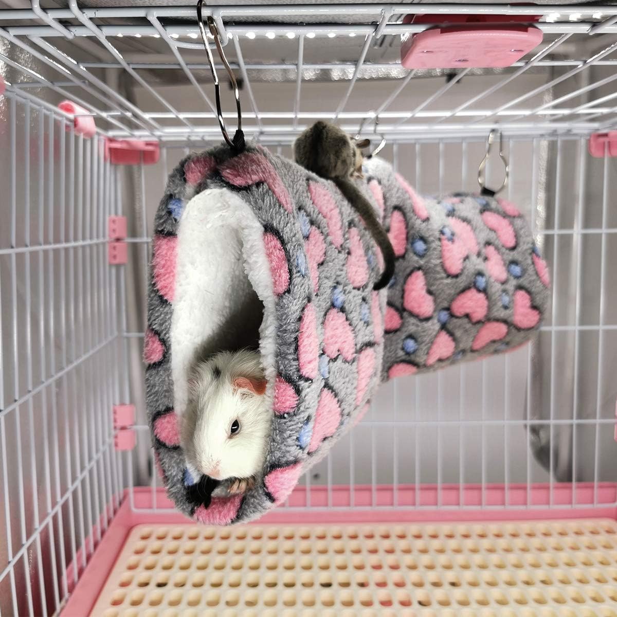 LEFTSTARER Hanging Tunnel for Small Animals Guinea Pig Accessories Sugar Glider Cage Accessories Hamster Rat Toys Ferret Hammock（Heart-Grey）