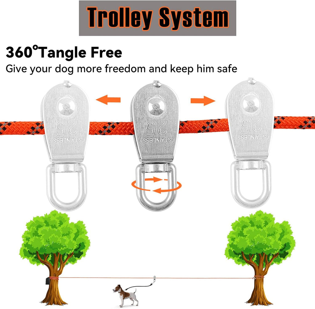 Dog Tie Out Cable for Camping - 50 feet Heavy Duty Overhead Trolley System and Dog Rope Buffer Leash for Dogs up to 200lbs, Portable Reflective Dog Lead Line for Yard, Park and Outdoor